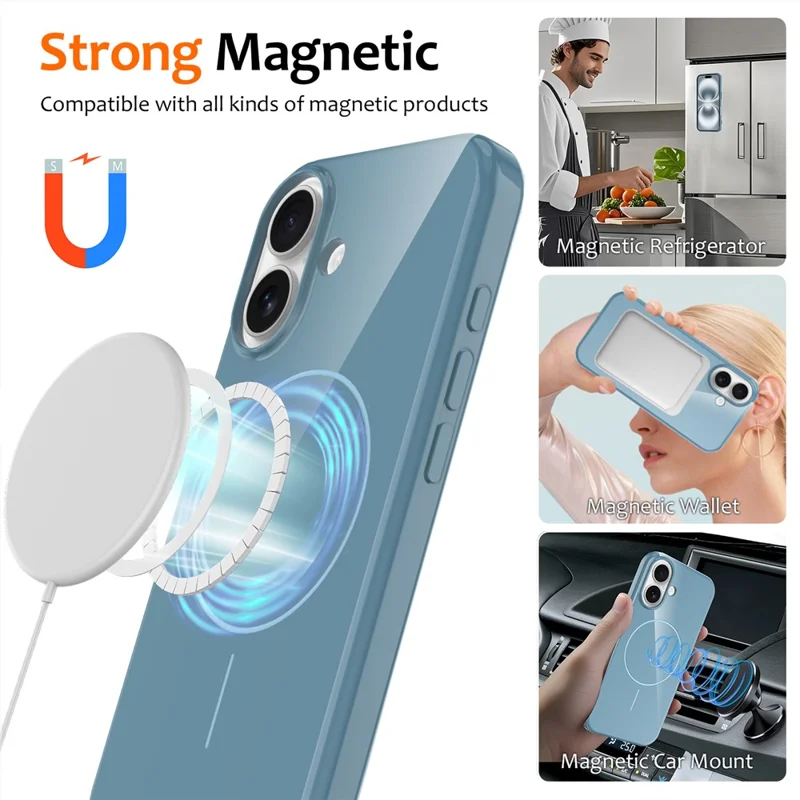For iPhone 16 Plus Magnetic Case Compatible with MagSafe TPU Phone Back Cover with Lanyard - Blue