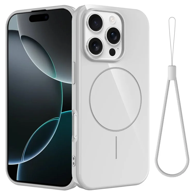 For iPhone 16 Pro Max Magnetic Case Compatible with MagSafe TPU Phone Back Cover with Lanyard - White