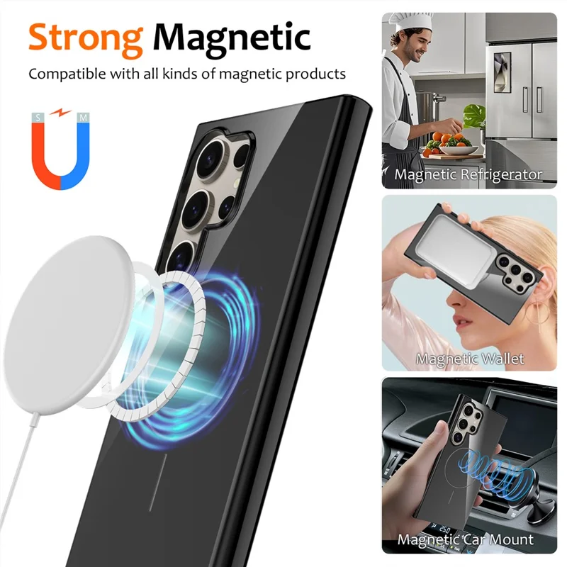 For Samsung Galaxy S24 Ultra Magnetic Case Compatible with MagSafe TPU Phone Back Cover with Lanyard - Black