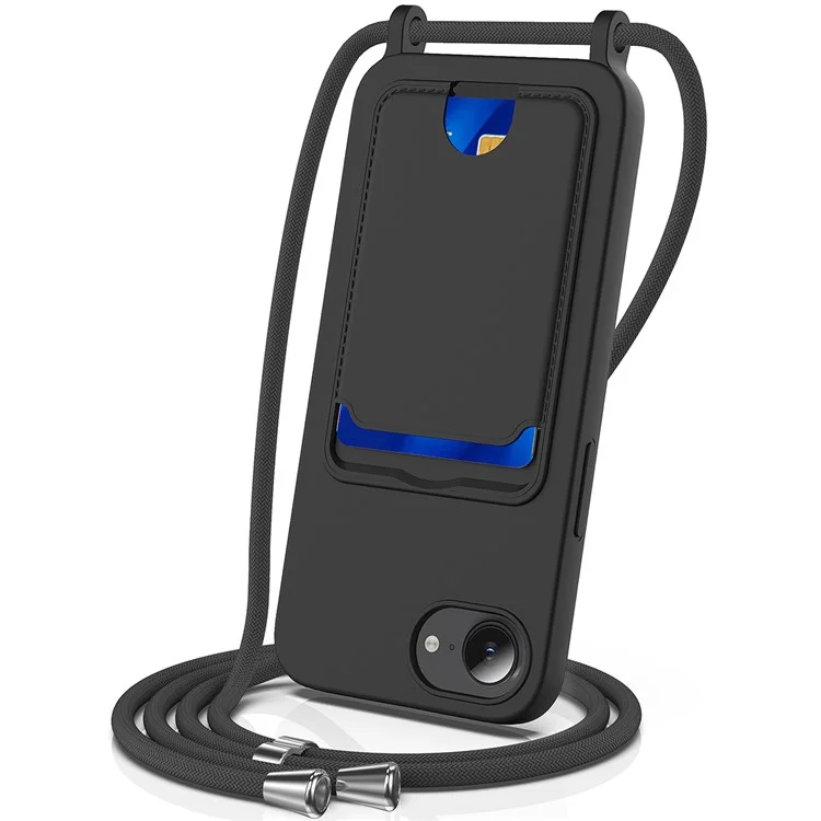 For iPhone 16e Case Liquid Silicone Card Holder Back Phone Cover with Lanyard - Black