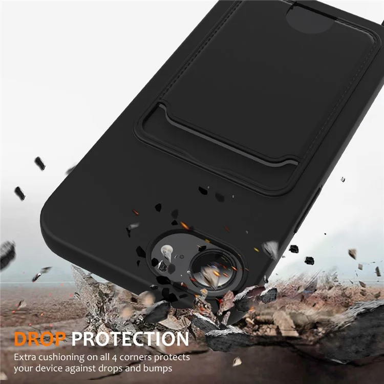 For iPhone 16e Case Liquid Silicone Card Holder Back Phone Cover with Lanyard - Black