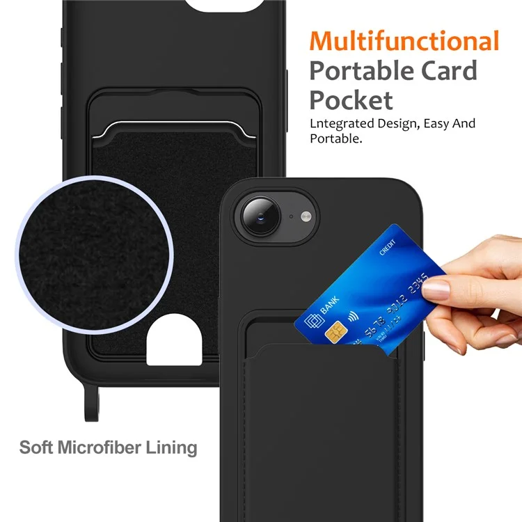 For iPhone 16e Case Liquid Silicone Card Holder Back Phone Cover with Lanyard - Black