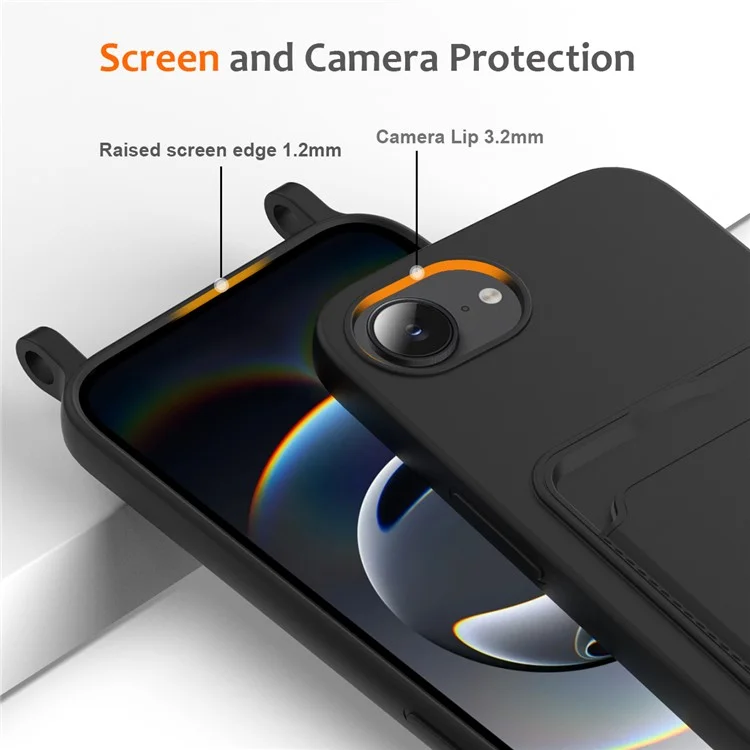 For iPhone 16e Case Liquid Silicone Card Holder Back Phone Cover with Lanyard - Black