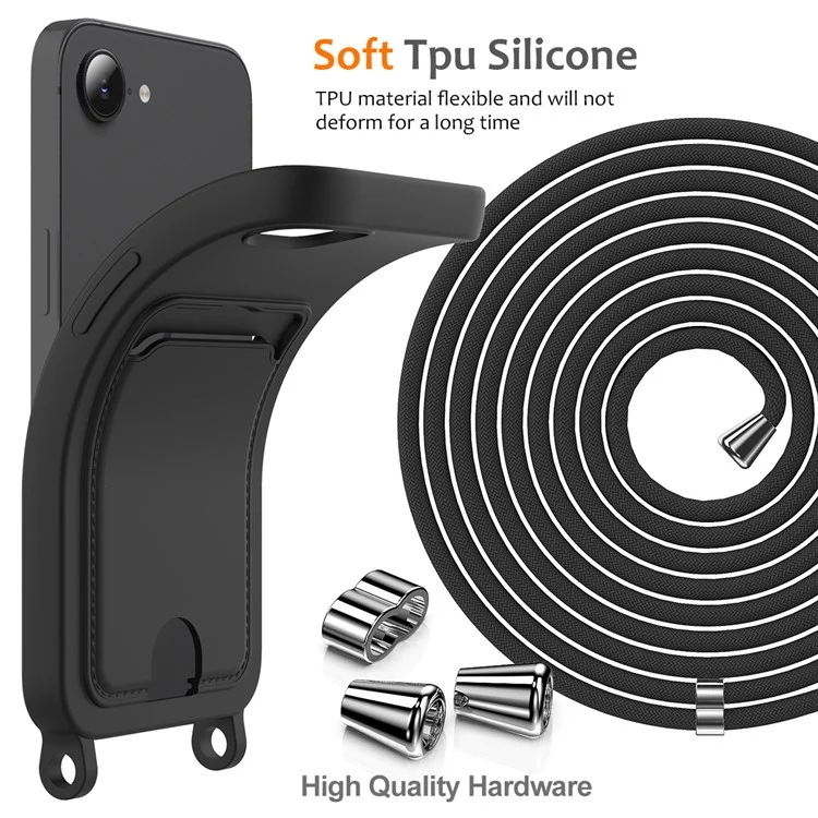 For iPhone 16e Case Liquid Silicone Card Holder Back Phone Cover with Lanyard - Black