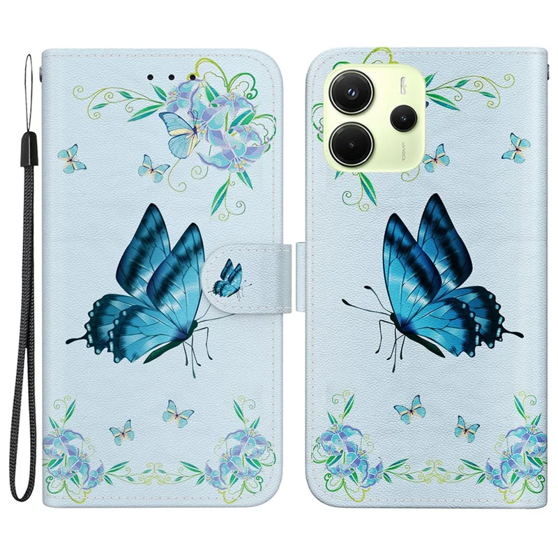 For Xiaomi Redmi Note 14 4G (164.84mm) Wallet Phone Case Anti-Drop Leather Flip Cover Pattern Printing - Blue Butterfly Flower