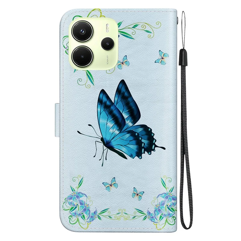 For Xiaomi Redmi Note 14 4G (164.84mm) Wallet Phone Case Anti-Drop Leather Flip Cover Pattern Printing - Blue Butterfly Flower