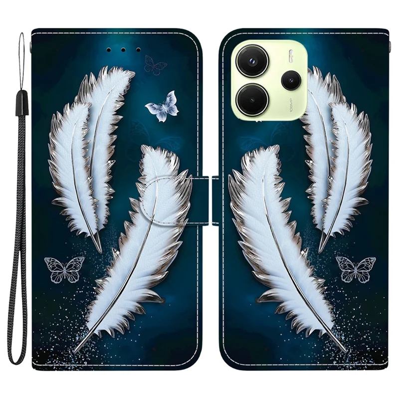 For Xiaomi Redmi Note 14 4G (164.84mm) Case Pattern Printing Anti-Drop Leather Flip Wallet Phone Cover with Lanyard - White Butterfly Feather