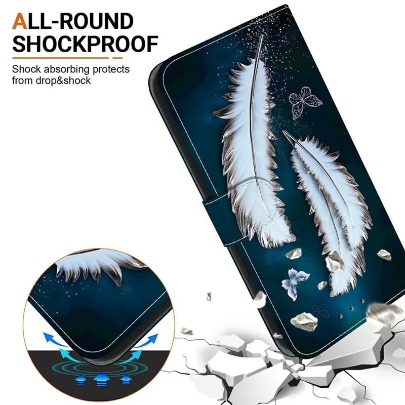 For Xiaomi Redmi Note 14 4G (164.84mm) Case Pattern Printing Anti-Drop Leather Flip Wallet Phone Cover with Lanyard - White Butterfly Feather