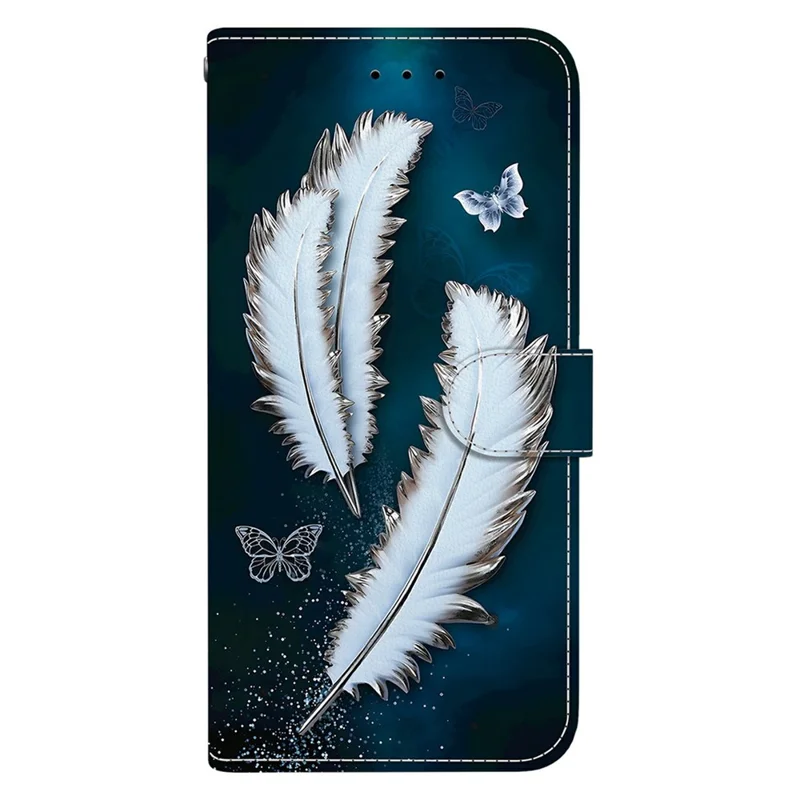 For Xiaomi Redmi Note 14 4G (164.84mm) Case Pattern Printing Anti-Drop Leather Flip Wallet Phone Cover with Lanyard - White Butterfly Feather