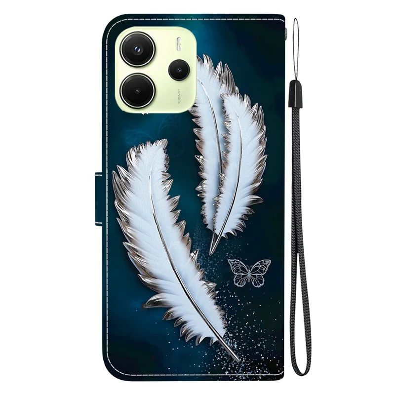 For Xiaomi Redmi Note 14 4G (164.84mm) Case Pattern Printing Anti-Drop Leather Flip Wallet Phone Cover with Lanyard - White Butterfly Feather