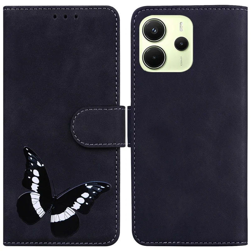 For Xiaomi Redmi Note 14 4G (164.84mm) Stand Case PU Leather Phone Cover Butterfly Printed - Black