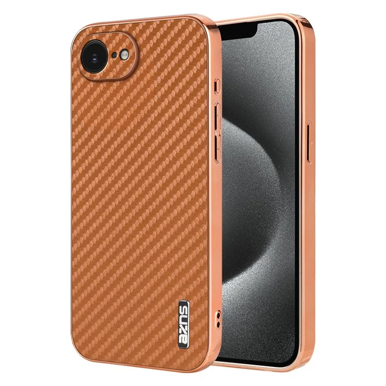AZNS For iPhone 16e Case Electroplating Carbon Fiber Texture PU + TPU Phone Cover - Brown