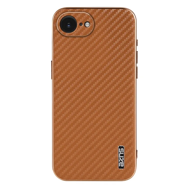 AZNS For iPhone 16e Case Electroplating Carbon Fiber Texture PU + TPU Phone Cover - Brown