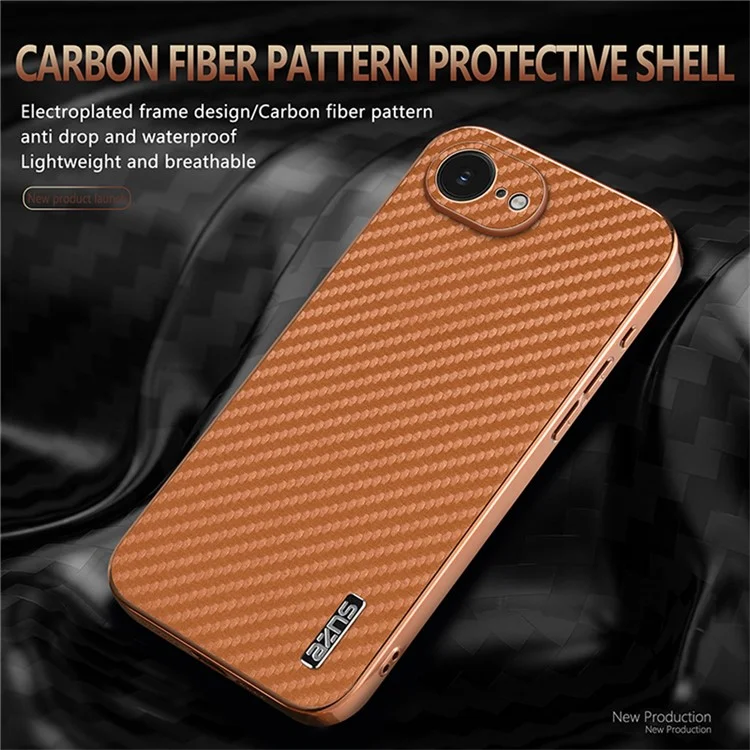 AZNS For iPhone 16e Case Electroplating Carbon Fiber Texture PU + TPU Phone Cover - Brown
