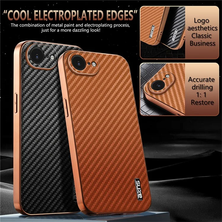 AZNS For iPhone 16e Case Electroplating Carbon Fiber Texture PU + TPU Phone Cover - Brown