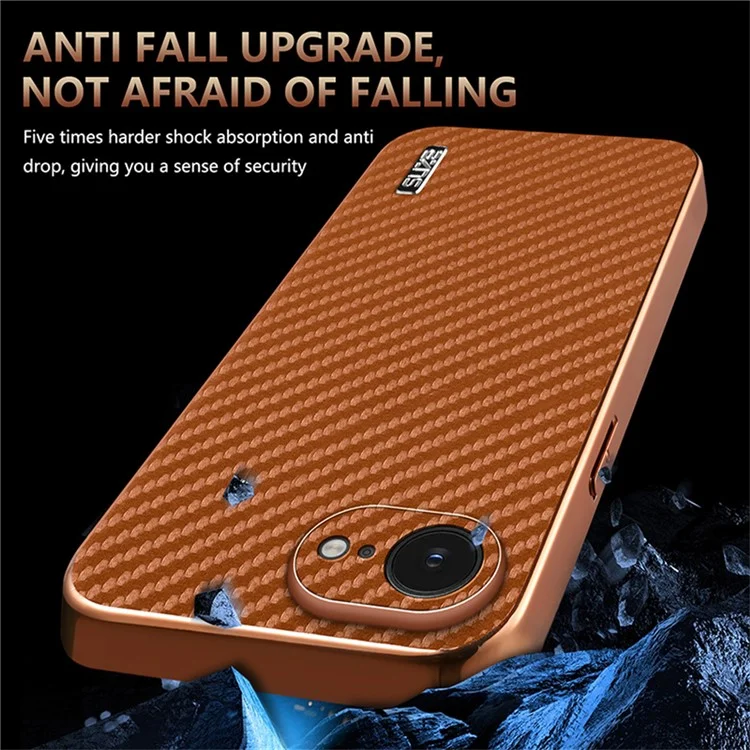 AZNS For iPhone 16e Case Electroplating Carbon Fiber Texture PU + TPU Phone Cover - Brown