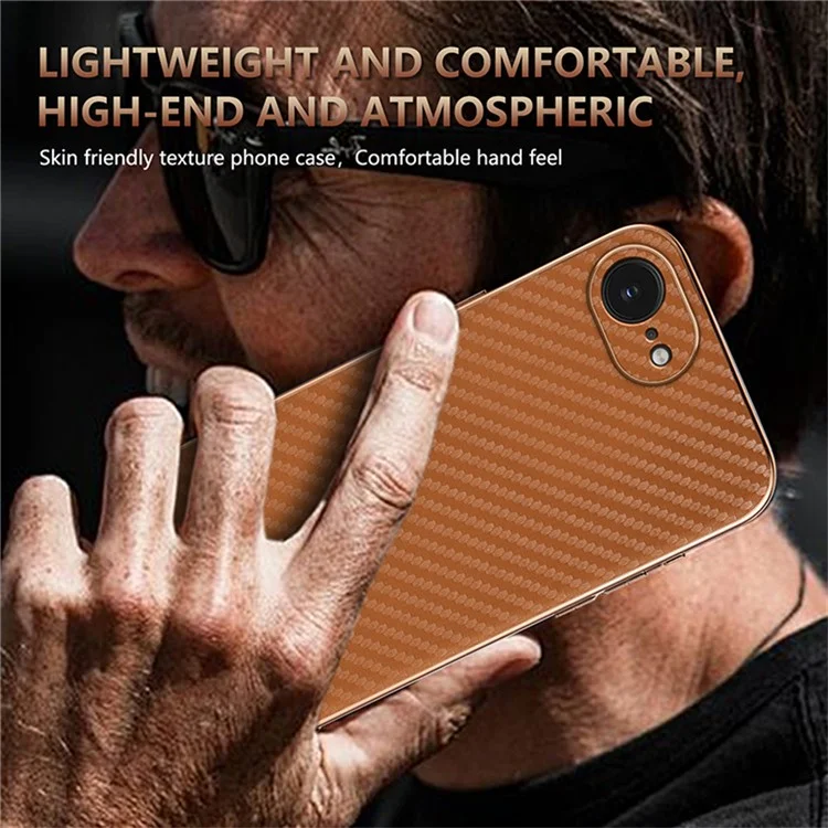 AZNS For iPhone 16e Case Electroplating Carbon Fiber Texture PU + TPU Phone Cover - Brown