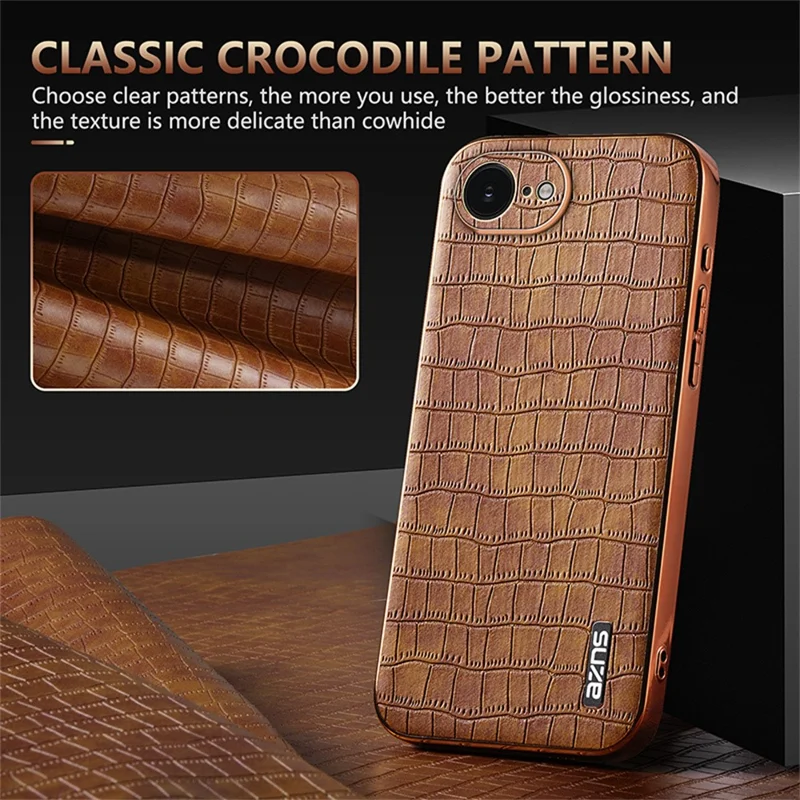 AZNS For iPhone 16e Case Electroplating Crocodile Texture PU + TPU Phone Cover - Black