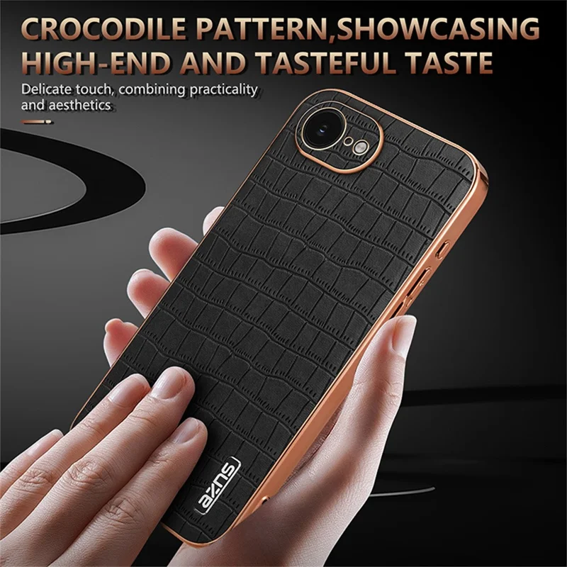 AZNS For iPhone 16e Case Electroplating Crocodile Texture PU + TPU Phone Cover - Black