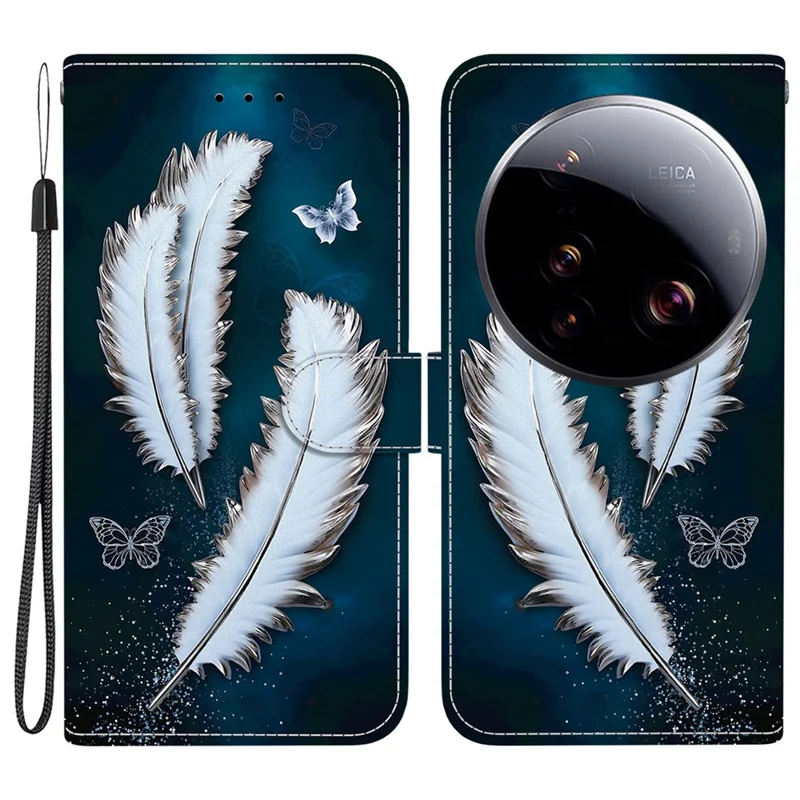 For Xiaomi 15 Ultra Case Pattern Printing Anti-Drop Leather Flip Wallet Phone Cover with Lanyard - White Butterfly Feather
