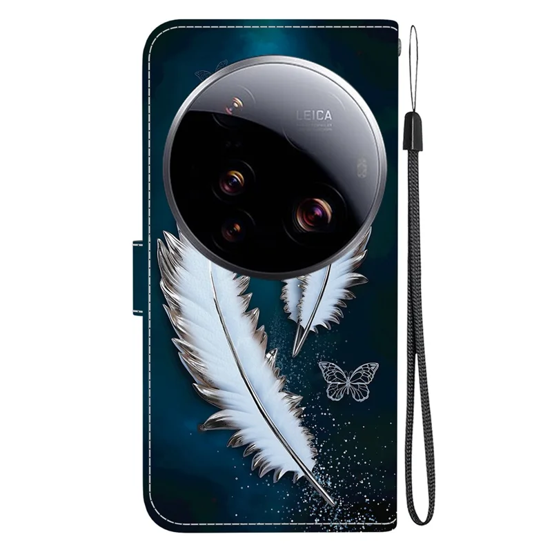 For Xiaomi 15 Ultra Case Pattern Printing Anti-Drop Leather Flip Wallet Phone Cover with Lanyard - White Butterfly Feather