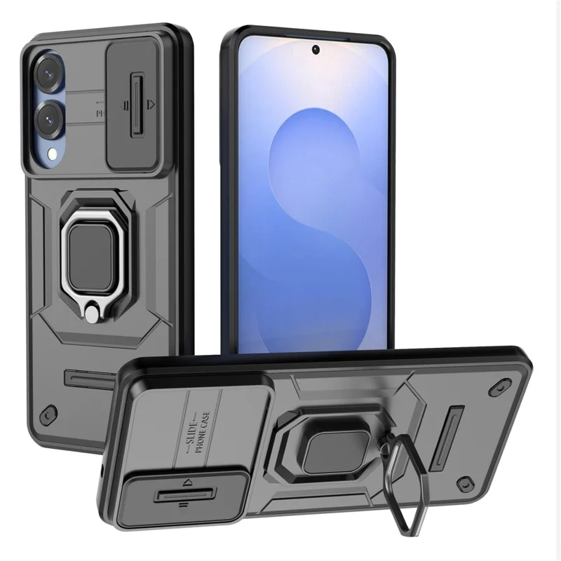 For Samsung Galaxy S25 Edge Case PC + TPU Kickstand Phone Protector with Lens Cover - Black