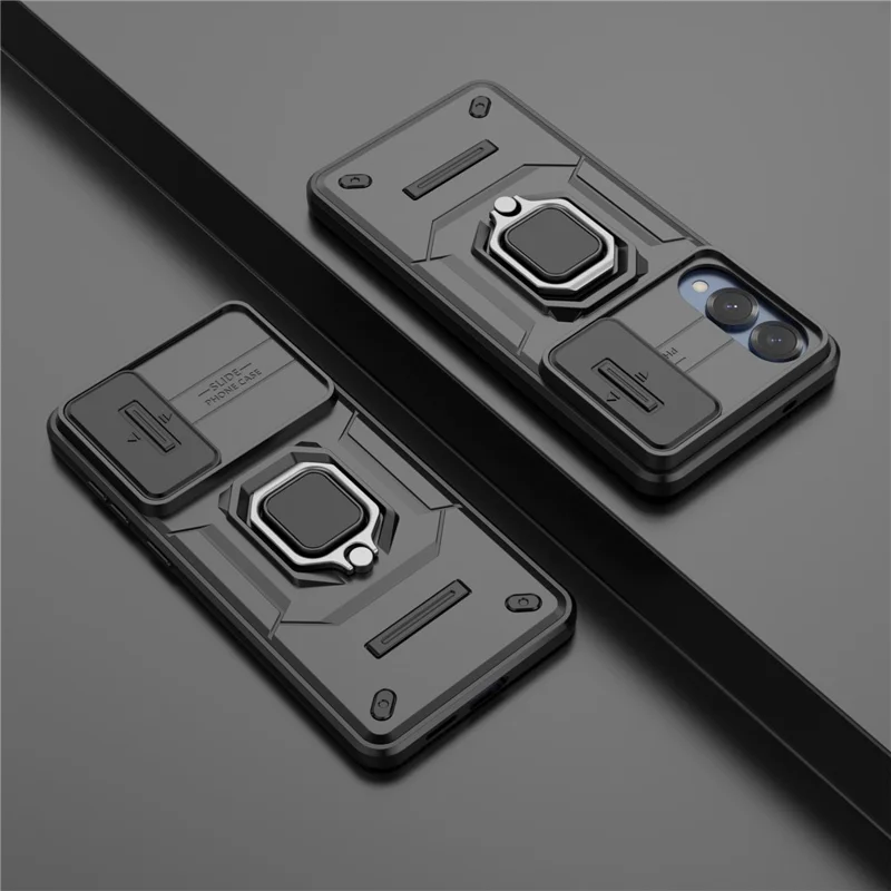 For Samsung Galaxy S25 Edge Case PC + TPU Kickstand Phone Protector with Lens Cover - Black