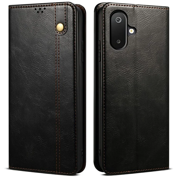 Funda de cuero tipo caballo loco con textura cerosa y soporte tipo cartera para Samsung Galaxy M06 5G / F06 5G - Negro