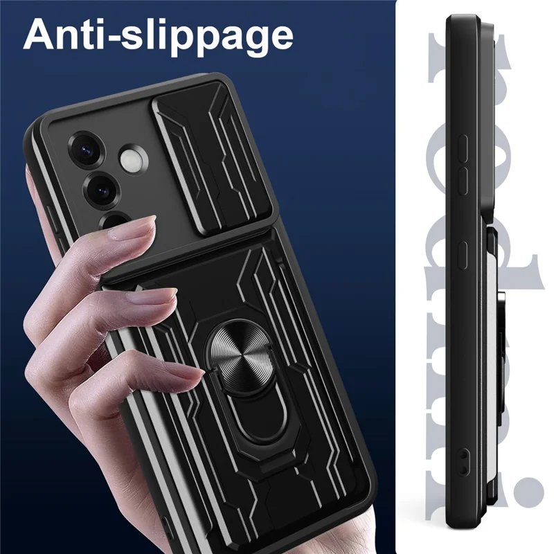 For Samsung Galaxy S25 Case PC + TPU Kickstand Phone Back Cover with Camera Slider - Black