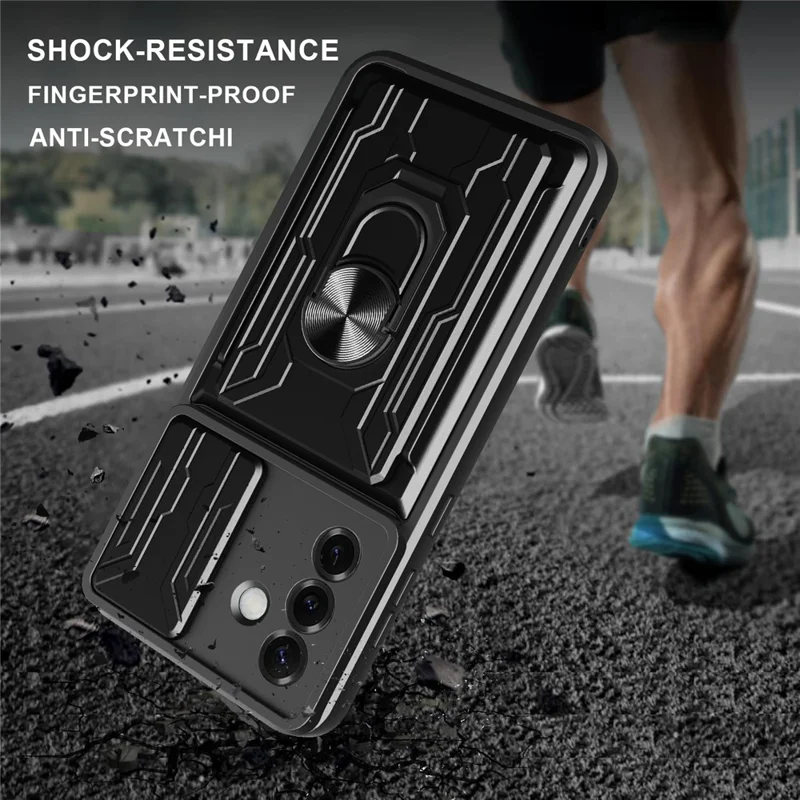 For Samsung Galaxy S25 Case PC + TPU Kickstand Phone Back Cover with Camera Slider - Black