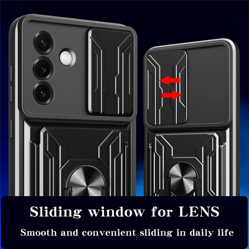 For Samsung Galaxy S25 Case PC + TPU Kickstand Phone Back Cover with Camera Slider - Black