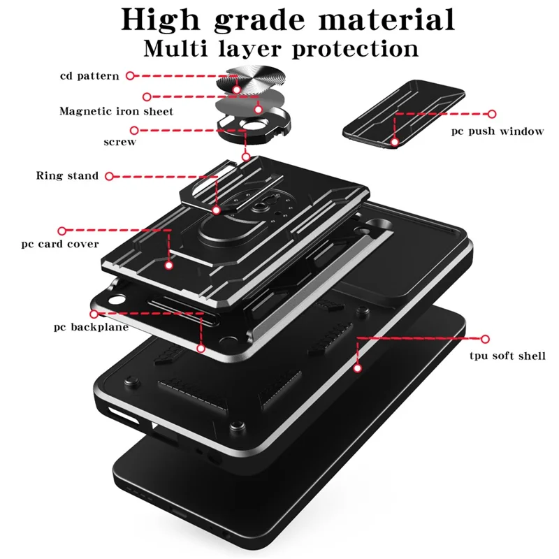 For Samsung Galaxy S25 Case PC + TPU Kickstand Phone Back Cover with Camera Slider - Black