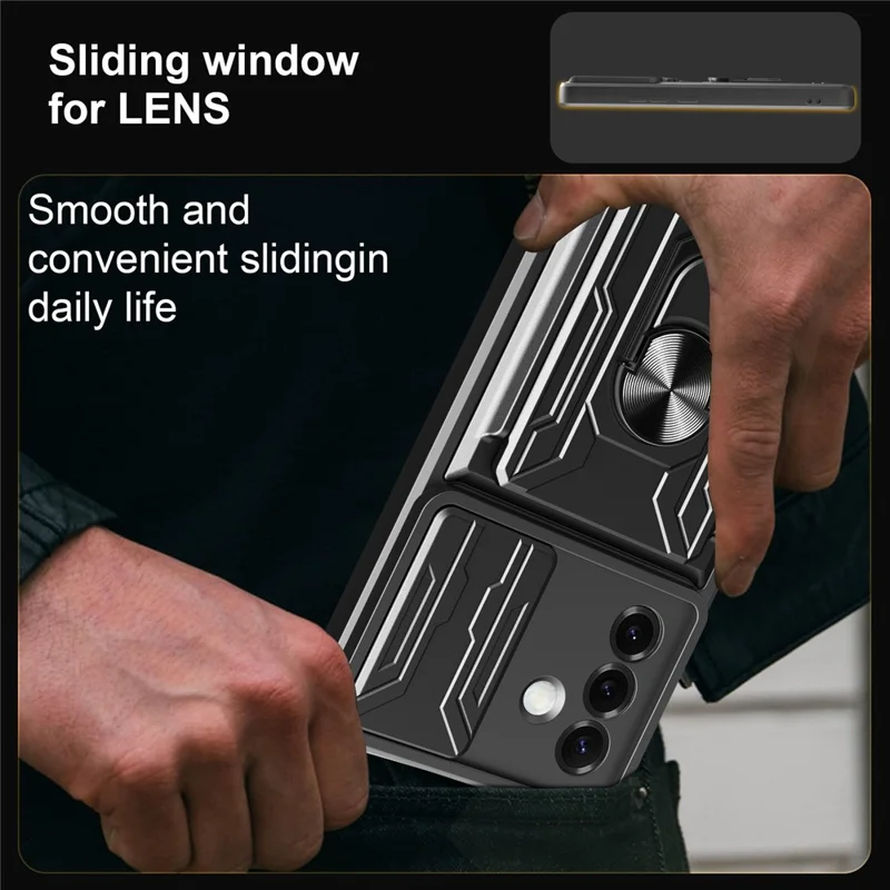 For Samsung Galaxy S25 Case PC + TPU Kickstand Phone Back Cover with Camera Slider - Black