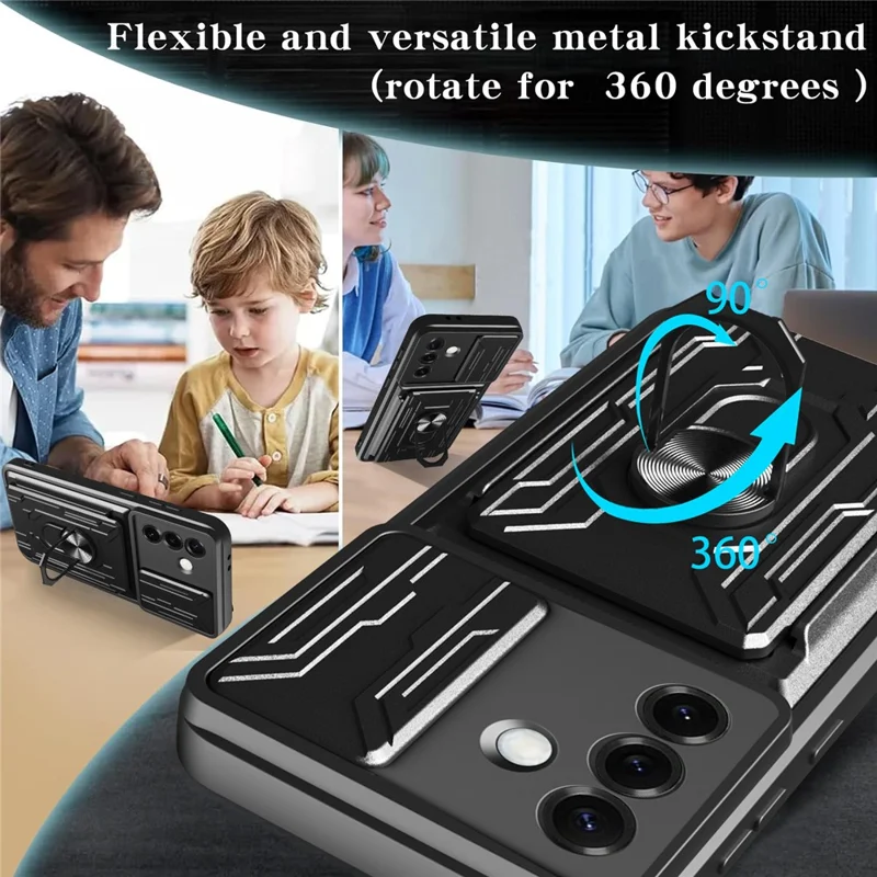For Samsung Galaxy S25 Case PC + TPU Kickstand Phone Back Cover with Camera Slider - Black