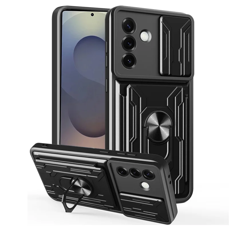 For Samsung Galaxy S25+ Case PC + TPU Kickstand Phone Back Cover with Camera Slider - Black