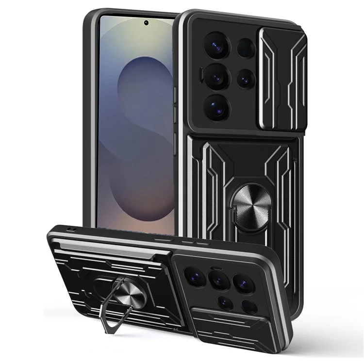 For Samsung Galaxy S25 Ultra Case PC + TPU Kickstand Phone Back Cover with Camera Slider - Black
