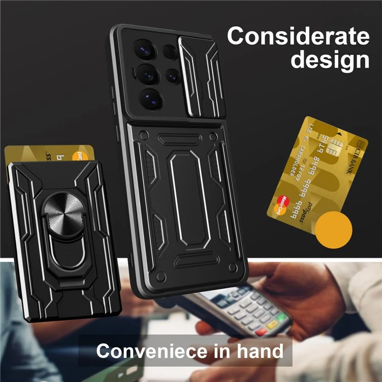 For Samsung Galaxy S25 Ultra Case PC + TPU Kickstand Phone Back Cover with Camera Slider - Black