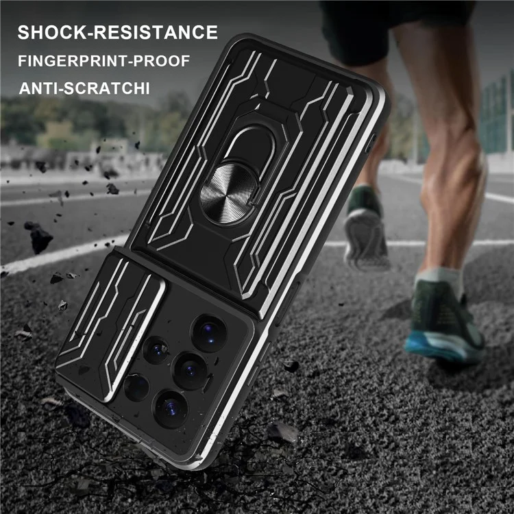 For Samsung Galaxy S25 Ultra Case PC + TPU Kickstand Phone Back Cover with Camera Slider - Black