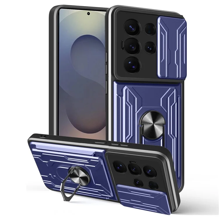 Étui pour Samsung Galaxy S25 Ultra - Coque de téléphone PC + TPU avec support et protège-caméra coulissant - Bleu saphir