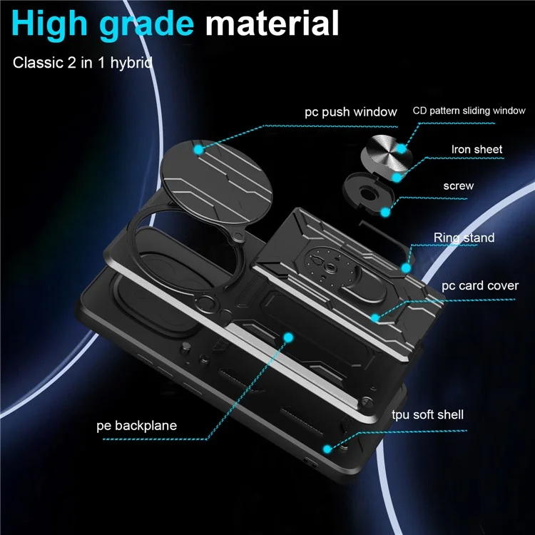 For Xiaomi Redmi Note 14 Pro 4G Case PC + TPU Kickstand Phone Back Cover with Camera Slider - Black