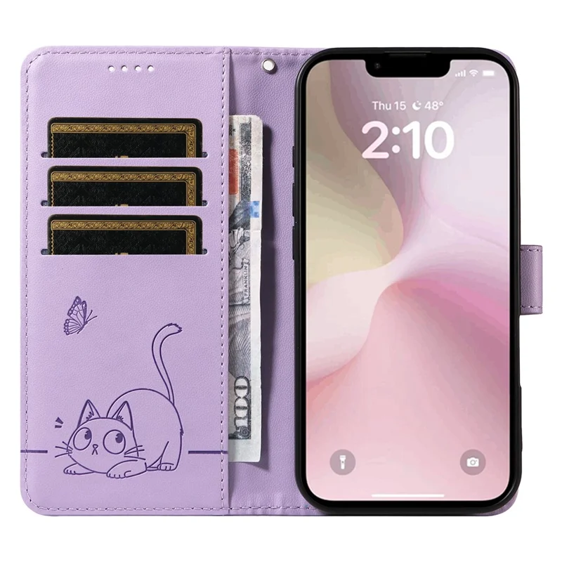 For iPhone 16e Wallet Case Cat Pattern Imprint Leather Phone Cover with Wrist Strap - Light Purple