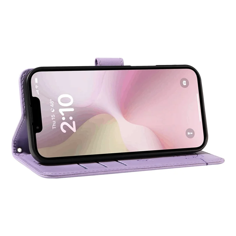 For iPhone 16e Wallet Case Cat Pattern Imprint Leather Phone Cover with Wrist Strap - Light Purple