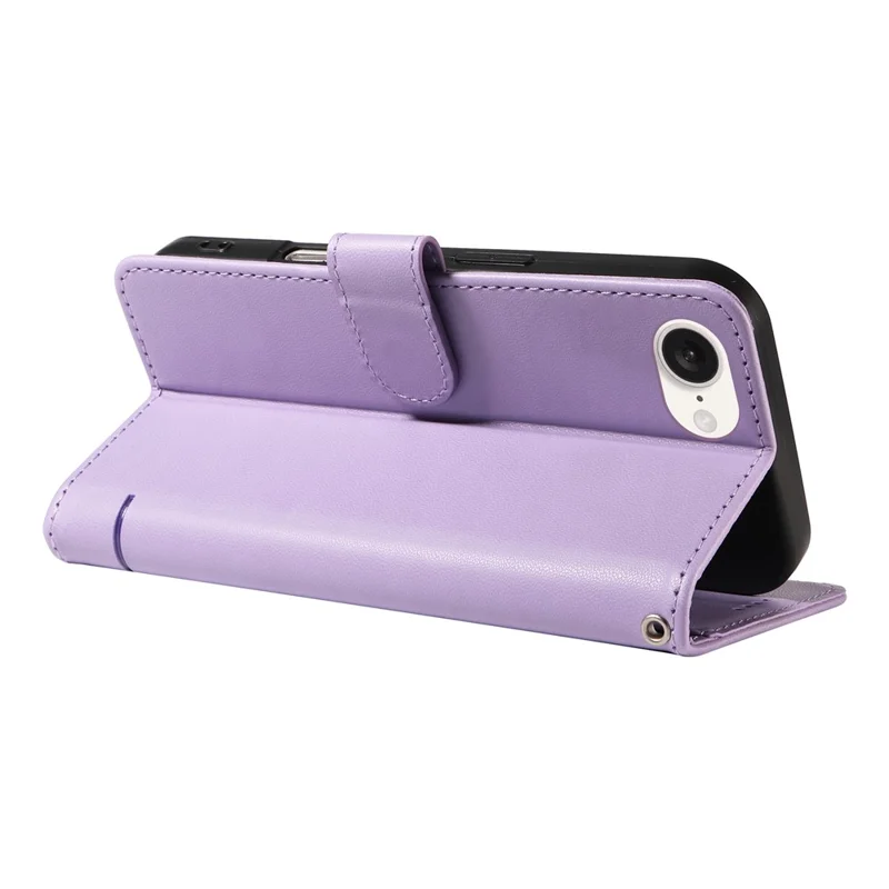 For iPhone 16e Wallet Case Cat Pattern Imprint Leather Phone Cover with Wrist Strap - Light Purple