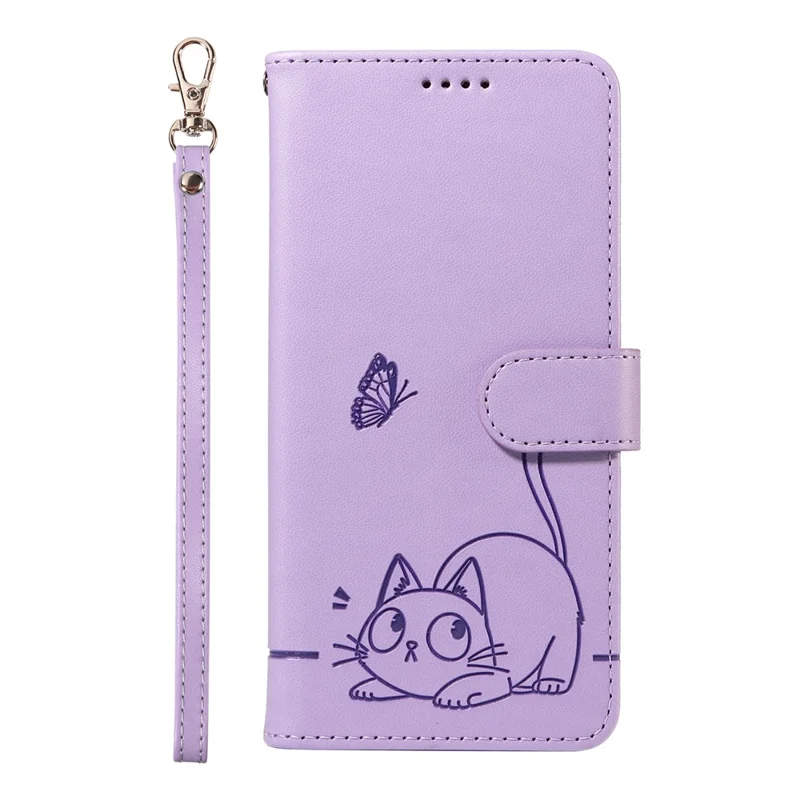 For iPhone 16e Wallet Case Cat Pattern Imprint Leather Phone Cover with Wrist Strap - Light Purple