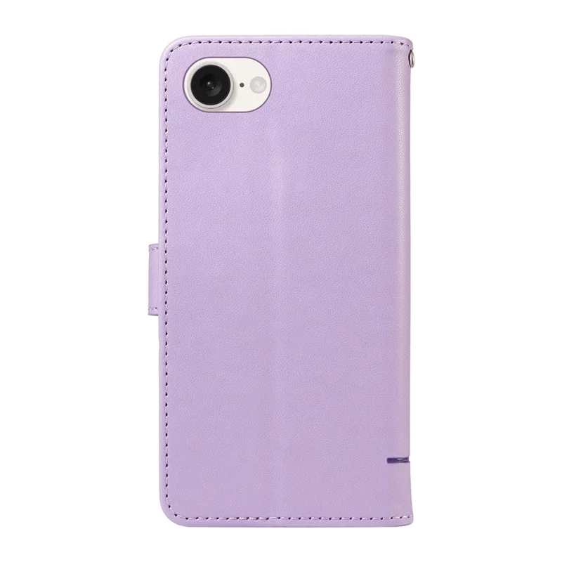 For iPhone 16e Wallet Case Cat Pattern Imprint Leather Phone Cover with Wrist Strap - Light Purple