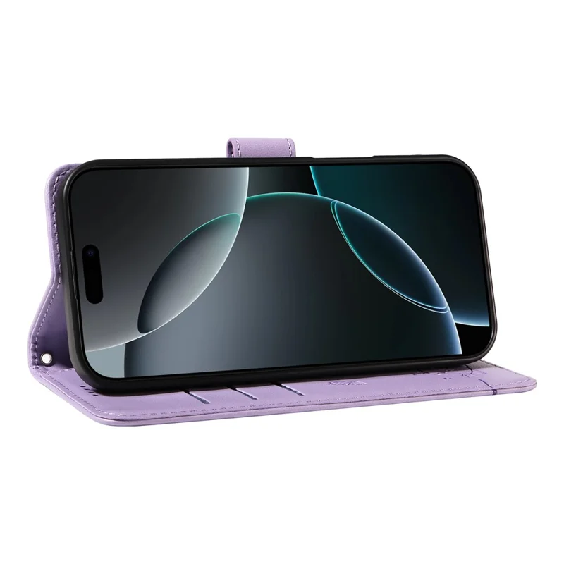 For iPhone 16 Pro Wallet Case Cat Pattern Imprint Leather Phone Cover with Wrist Strap - Light Purple