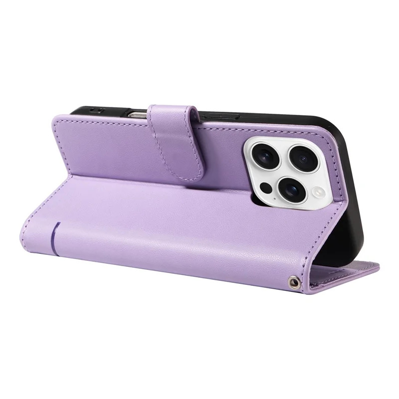 For iPhone 16 Pro Wallet Case Cat Pattern Imprint Leather Phone Cover with Wrist Strap - Light Purple