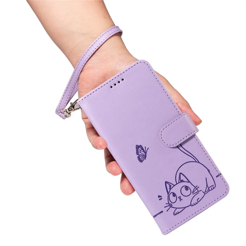 For iPhone 16 Pro Wallet Case Cat Pattern Imprint Leather Phone Cover with Wrist Strap - Light Purple
