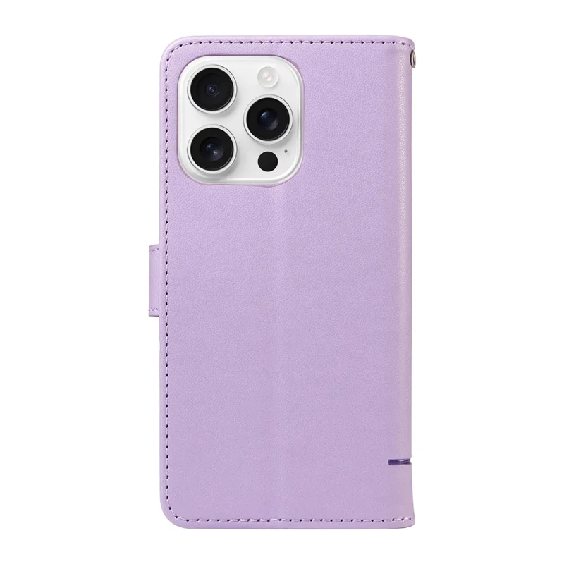 For iPhone 16 Pro Wallet Case Cat Pattern Imprint Leather Phone Cover with Wrist Strap - Light Purple