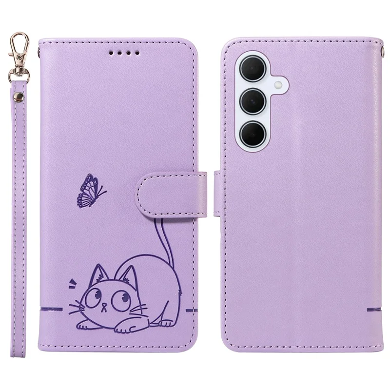 For Samsung Galaxy A55 5G Wallet Case Cat Pattern Imprint Leather Phone Cover with Wrist Strap - Light Purple